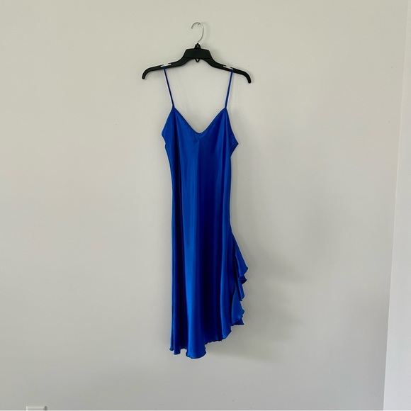 Vintage 1980s Lady Cameo of Dallas Electric Blue Satin Slip Dress w/ High Slit - Picture 2 of 14